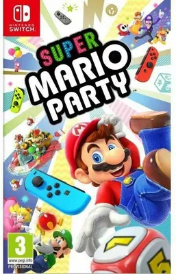The image is a marketing image for the video game Super Mario Party on Nintendo Switch. It features characters from the Mario franchise, game controllers, and game elements.