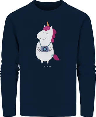 Produktbild von Mr. & Mrs. Panda Baumwoll Pullover Einhorn Fotograf Größe M - French Navy - Geschenk, Sweater, Bio, Einhörner, Reise, Urlaub, Sweatshirt, Unicorn, Reisen, Kamera, Pulli