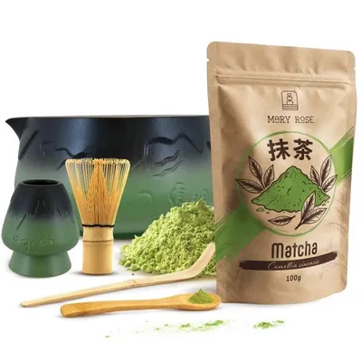Produktbild von Mary Rose - Matcha Tee Set Pulver 100g - Grüne Keramik Matchawan Schale Mountain 450ml - Kusenaoshi Halter - Bambus Chasen Besen