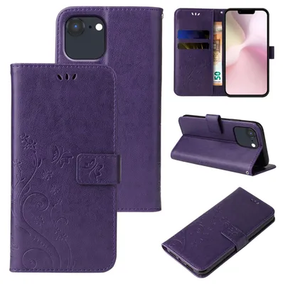 Produktbild von Handyhülle für Apple iPhone 17e Floral Blumen Schmetterling Flip Cover Hülle Case Klapphülle Handytasche Farbe: Violett