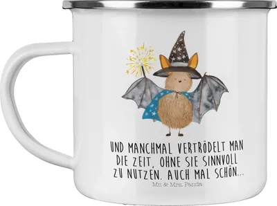 Produktbild von Mr. & Mrs. Panda Teetasse Fledermaus Zauberer - Weiß - Geschenk, Emaille Tasse, Frauen, Magier, Pott, Teebecher, Lustige Sprüche, becher, Fledermäuse, Haferl