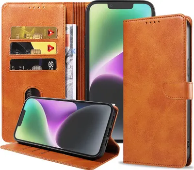 Produktbild von Fit für iPhone 14 Handytasche Kunstleder mit magnetischer Lippe und Kartenhalter Buchhülle mit Klappe - Braun - Smartphonica
