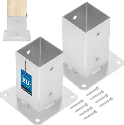 Two metal post anchors with screws and a wooden post in one anchor, set against a white background.