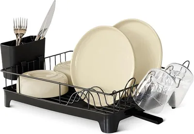 Produktbild von PolkaHome® Vaatdroogrek, Edelstahl, 38,6 cm x 29,2 cm x 10,2 cm, Schwarz – Kompaktes Abtropfgestell mit Besteckhalter und Ablauf