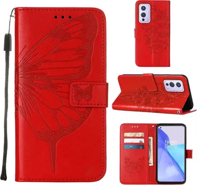 Image de OnePlus 9 Housse, papillon en relief Flip cuir porte-cartes Housse en cuir avec support pour OnePlus 9 Rouge