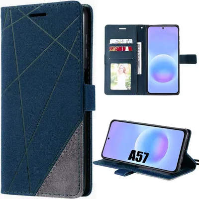 Image de Coque pour Samsung Galaxy A57 5G, Protection Anti-Rayures Effet Cuir Bicolore Bleu Marine Gris