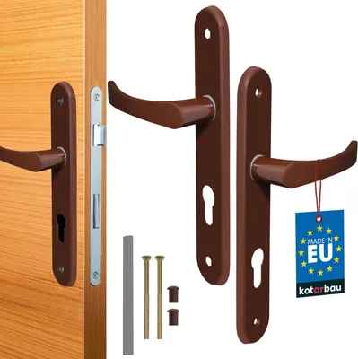 A set of door handles and related hardware, including a lock mechanism, screws, and a label indicating "MADE IN EU".