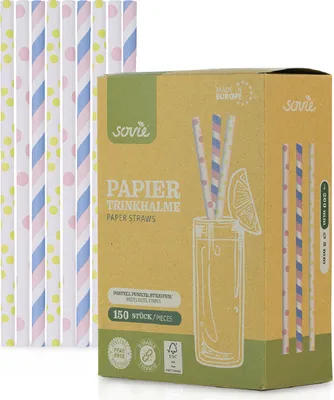 Produktbild von Trinkhalm in Pastell Punkte Streifen farbig sortiert aus Papier , Ø 8 mm / 20 cm, 150 Stück