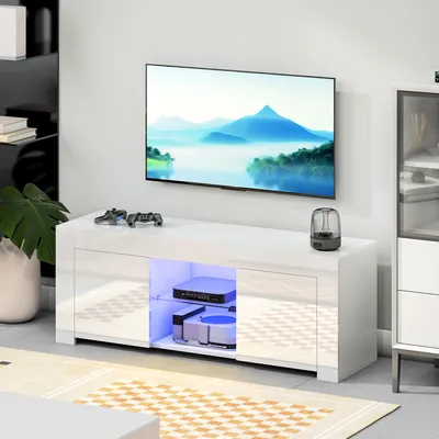 Produktbild von TV-Schrank mit RGB LED-Beleuchtung, Fernsehschrank Glasregal, Hochglanz Spanplatte, Weiß | 120 x 34 x 45 cm | 2 Türen | Fernbedienung