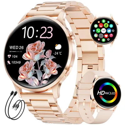 Obrázok produktu pre Chytré hodinky pre dámy s telefónnou funkciou, AMOLED displej, viac ako 100 športových režimov, monitor srdcovej frekvencie a spánku, dámske hodinky, vodotesnosť IP68, športové hodinky kompatibilné s iOS, ružovo-zlatá farba