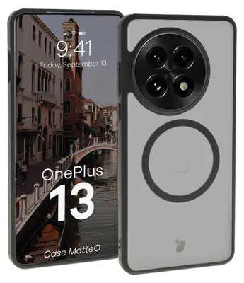 Produktbild von Bizon Case MatteO Magnetringhülle für OnePlus 13, halbtransparent mit schwarzem Rahmen