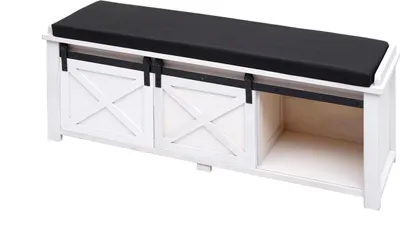 Immagine prodotto di Panca con vani portaoggetti HWC-H53, panca imbottita con cassettiera, legno massiccio effetto shabby, tessuto metallico 43x102x33cm ~ bianco