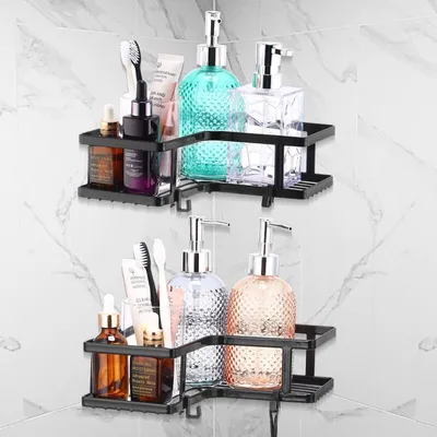 Immagine prodotto di Mensole angolari per doccia, adesive, in acciaio inossidabile, senza necessità di foratura, organizer per il bagno, colore nero, confezione da 2 pezzi