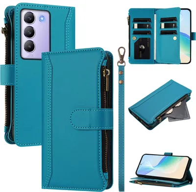 Obrázek produktu pro Pouzdro pro Vivo V30 Lite 4G, zipem, peněženkovéPolyuretankožené flip pouzdro s kapsami na karty, stojánkem a poutkem na ruku Jezerní modrá