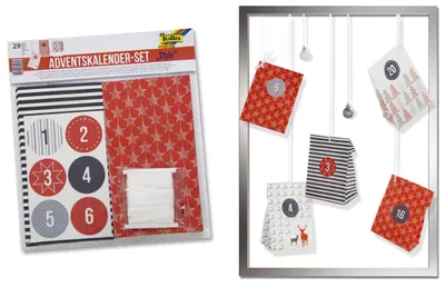 A product package for an advent calendar set and a display of advent calendar bags hanging on a frame.