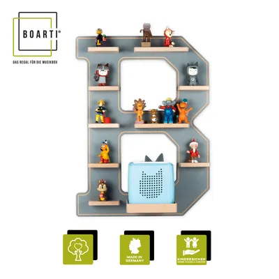 Produktbild von BOARTI Kinderregal Buchstabe B | hängend für Toniebox und Tonie Figuren | platzsparendes Regal | Maße H. 54 x B. 41 x T. 19 | Wandregal Musikbox Figuren Aufbewahrung Magneteinsätzen | Aufbewahrungsregal Holz