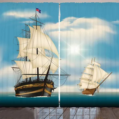 Produktbild von ARANDE Vintage Boat Gardine, Schiffe, die in den Ozean an einem klaren sonnigen Tagesantiken nautischen Meerblick segeln, 280 x 175 cm, Mehrfarbig