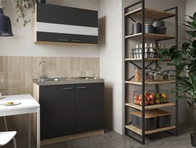 Produktbild von Mini / Singleküche Pantry Eiche Sägerau Weiß/Grau/Schwarz Merle 100 cm Respekta