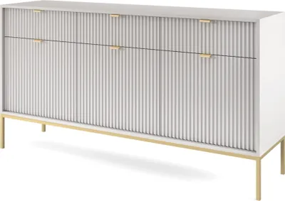 Produktbild von Sideboard 150 cm Galla - Dreitürige Kommode mit Schubladen - Beinen, geriffelten Fronten & goldene Griffe (Grau + Gold)