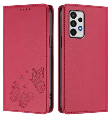 Produktbild von Lederhülle für Samsung Galaxy A52 / A52s 5G, Schmetterling Prägung Leder Brieftasche Schutzhülle mit Ständer Rot