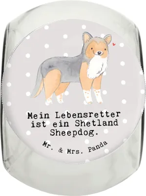 Produktbild von Mr. & Mrs. Panda Dose Shetland Sheepdog Lebensretter L 870ml - Grau Pastell - Geschenk, Sheltie, Bonbonglas, Leckerli, Vorratsbehälter, Glasdose, Keksdose