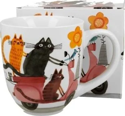 Imagen del producto de Taza de porcelana XXL, diseño "Cat's World", con la imagen de gatos en una moto