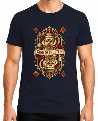 Imagen del producto de Camiseta para hombre, marca "King of the Stein", diseño "Hopfen König Krone", estilo "Trachtenshirt", color azul marino, talla XL. Incluye detalles de cuero ("Lederhose")