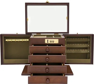 Produktbild von Schmuckkasten aus Holz - Schmuckbox mit 5 Ebenen - Für Ringe, Ketten, Ohrringe, Uhren, Sonnenbrillen - Mit Schubladen - 27.5 x 19.1 x 22.9 cm - Dunkelbraun