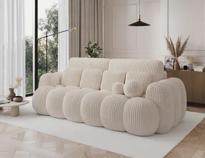 Produktbild von Schlafsofa, Sofa mit Schlaffunktion und Bettkasten, Polstersofa aus Bouclé, Couch für Wohnzimmer, Sofagarnitur Wohnlandschaft mit Bettfunktion - Sofa Elvento - Creme (Modullo 01)