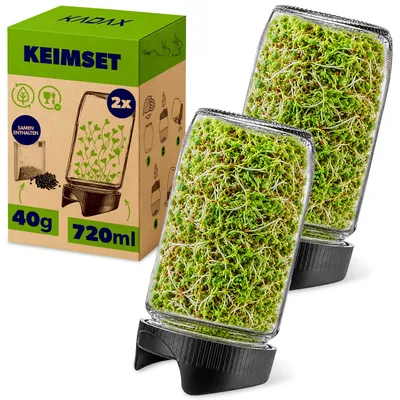 Produktbild von KADAX Sprossengläser 720 ml, 2er Set, Keimgläser mit Siebdeckel Ø 82 mm für frische Sprossen, Anzuchtgläser für Radieschen, Brokkoli & Kresse, inkl. Radieschensamen