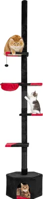 A multi-tiered cat tree with several platforms, a basket, and a hideaway, featuring cats interacting with it.