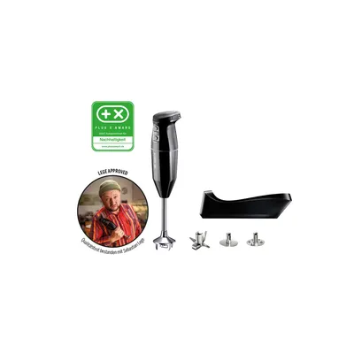 Der kabellose Unold ESGE-Zauberstab® Schwarz 95105, ein schwarzer Stabmixer mit Aufsätzen und Stände
