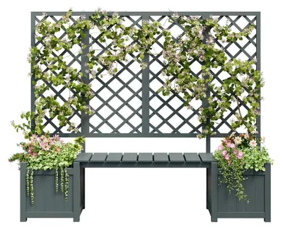 Produktbild von Rankhilfe Pflanzkübel mit Sitzgelegenheit, großer Blumenkasten in massivem Grau für Garten und Terrasse, perfekt für Kletterpflanzen - Maße am Ende.