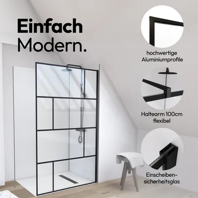 Produktbild von Duschwand MARWELL in modernem Design 120 x 195 cm - Trennwand aus Glas mit matt schwarzen Wandprofil - mit Einscheibensicherheitsglas