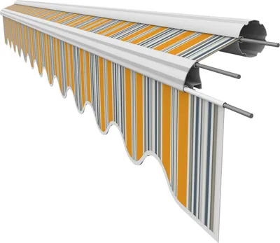 A close-up, angled view of a retractable awning fabric with a scalloped edge, displayed against a white background.