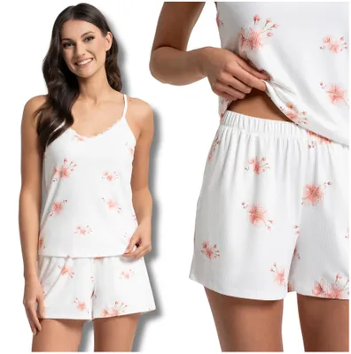 Produktbild von Damenpyjama - Kurze Pyjamahose Größe L - Spaghettiträger weiß - Blumenmuster