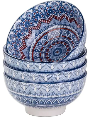 Zdjęcie produktu dla Zestaw 4 misek na musli, porcelana, 650 ml, wzór "Mandala", kolor turkusowy, styl bohemy