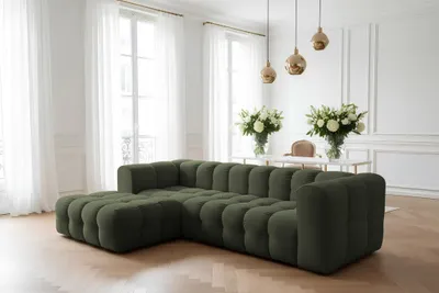 Produktbild von Ecksofa Designersofa SOLVIE in Stoff Tiffani Grün Ottomane Links