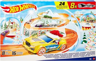 A Hot Wheels advent calendar box with a festive winter scene, featuring a yellow car with a Santa hat, a race track, and Christmas trees.