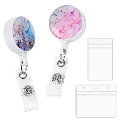 Produktbild von Ausweishalter mit Clip, 2er-Set Ausweishalter mit Einzugsmechanismus und Kartenfach, transparenter PVC-Ausweishalter, ausziehbarer Ausweishalter mit Tintenmotiv, für Schlüssel, Ausweishalter