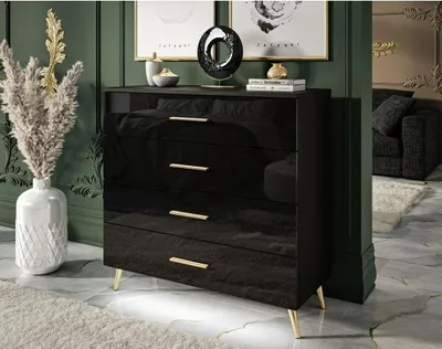 Produktbild von AURA Kommode Schubladen mit GRIFFEN Schwarz / Schwarz hochglanz, Beine: Gold