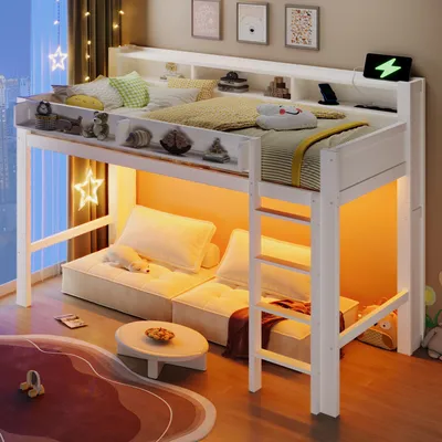 Produktbild von Merax Hochbett 90x200 cm, Holz Etagenbett mit Schreibtisch, LED Beleuchtung, USB Anschluss, Regale, Kinderbett Jugendbett mit Leiter, Stockbett, Weiß