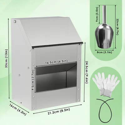 Image de Distributeur de nourriture pour volailles Peviasot, capacité 5 kg. Distributeur robuste en acier galvanisé, facile à remplir, livré avec une pelle, des gants et une protection de bord