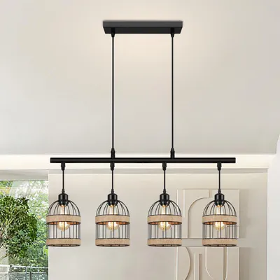 Image de Lampe suspendue 4 flammes Noir Métal Abat-jour Lampe suspendue E27 Réglable en hauteur Suspension pour salle à manger, cuisine, bar