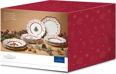 A product box for a Villeroy & Boch Toy's Delight dinnerware set, featuring an image of the plates and festive decorations.