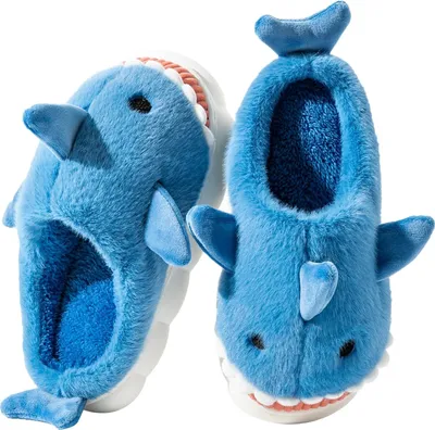 Produktbild von ASKSA Fadezar Shark Hausschuhe Damen Herren Winter Pluesch Pantoffeln Flauschige Warme Hausschuhe Bequeme rutschfeste Flache Slippers, Koenigsblau, Groesse: 36-37