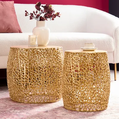 Produktbild von riess-ambiente 2er Set Filigraner Design Couchtisch ABSTRACT LEAF gold Handarbeit Metall rund Beistelltisch Tisch