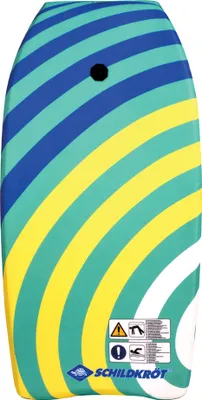 Produktbild von Schildkröt Fun Sports Bodyboard mit Fangriemen für Schwimm- & Surfanfänger, Maße 49x32x4,5 cm, belastbar bis 60 kg, hoher Auftrieb, aus EPS-Kern und Nylongewebe, für Süß- und Salzwasser geeignet, Blau Grün Gelb, robustes Graffiti-Design