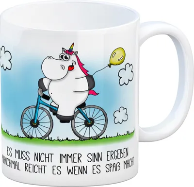 Produktbild von Honeycorns Kaffeebecher mit Einhorn Fahrrad Motiv und Spruch: Es muss nicht