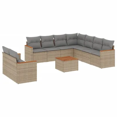 Produktbild von Modulares Garten-Sofa-Set 10-tlg., Poly Rattan & Akazienholz, mit Stauraum, wasserabweisendem Beutel, UV-beständig, Beige & Hellgrau